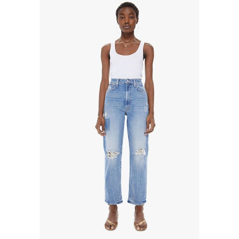 MOTHER Distressed Light Blue High-Rise Straight Jeans